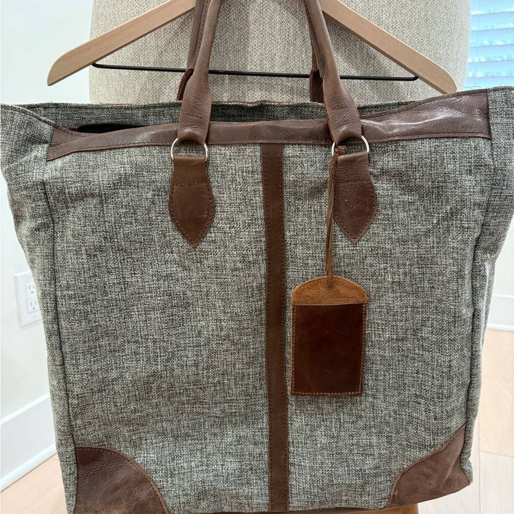 Large Tweed Tote Bag Brown Leather Trim Shoulder Bag Work Travel